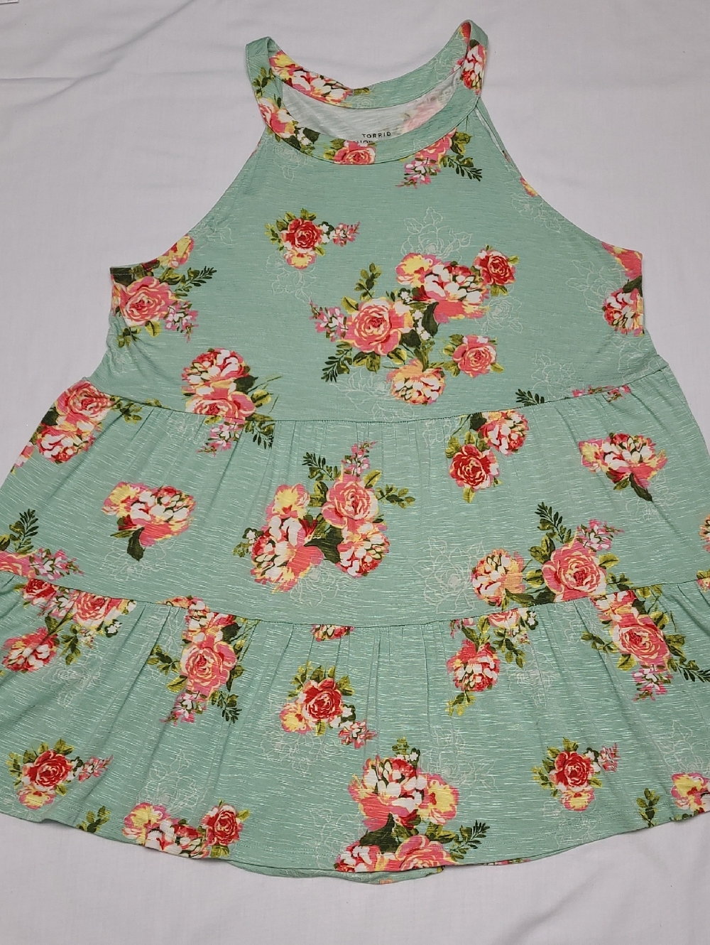 Torrid Super Soft Knits Mint Green Floral Tiered Halter Sleeveless Dress 2 Plus
